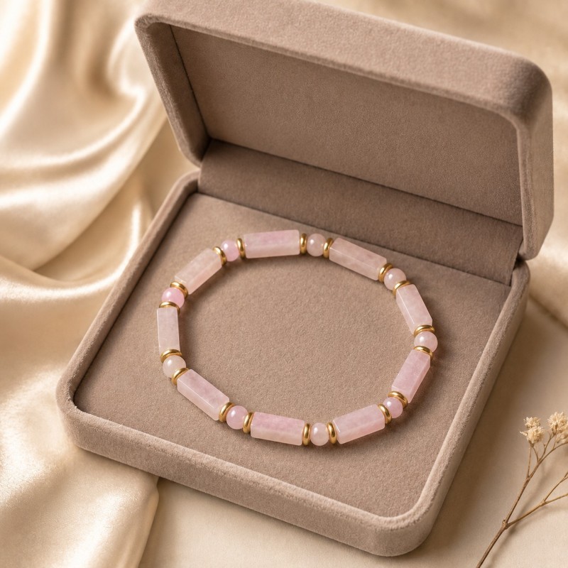 Romantic Pink Rectangular & Round Bead Bracelet, Elegant Gift